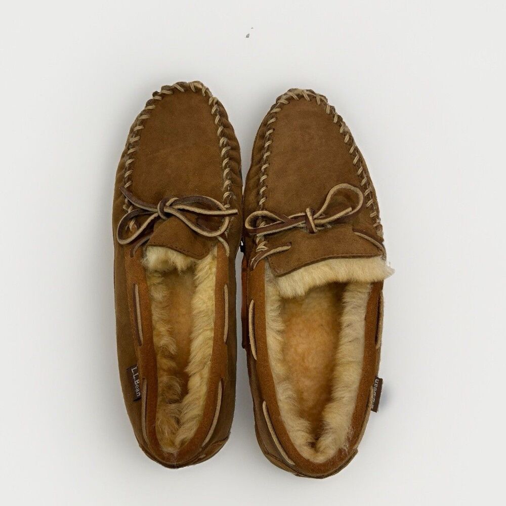 LL Bean Moccasin Slippers Mens Size 10 Brown Suede Wicked Good Shearling